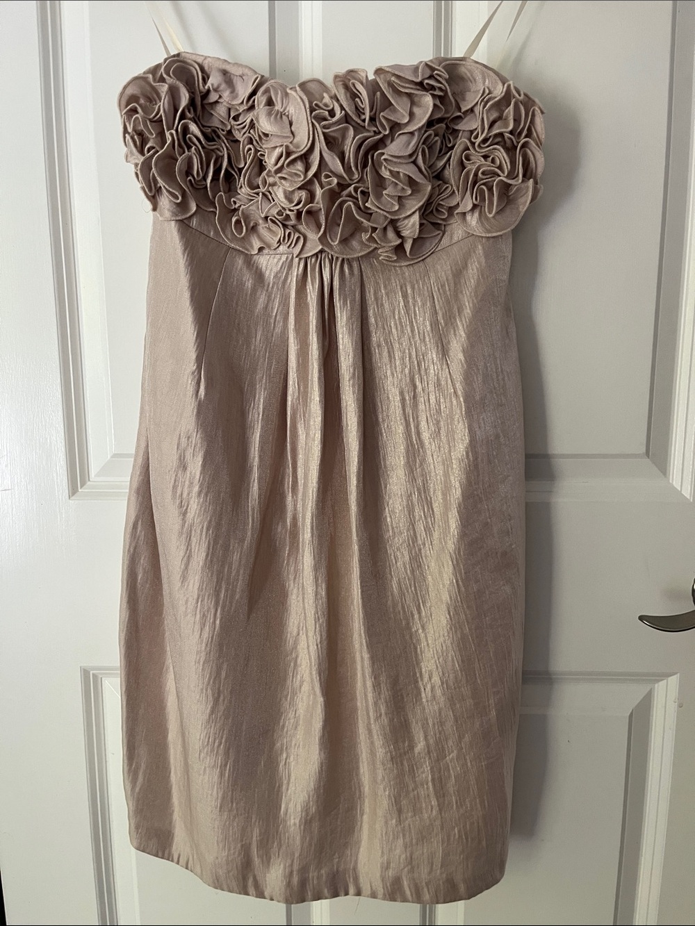 Boston Proper Champagne Metallic Rosette Detail Strapless Mini Dress, Size Small